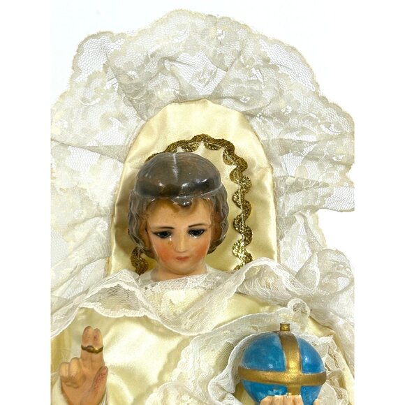 Infant Prague Child Jesus Chalk/Plaster Statue Robe Religious Vtg 11” Figurine - Picture 12 of 17